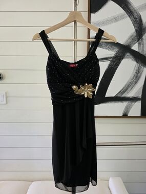 Ruby Rox Black Mini Dress with Gold Floral Accent